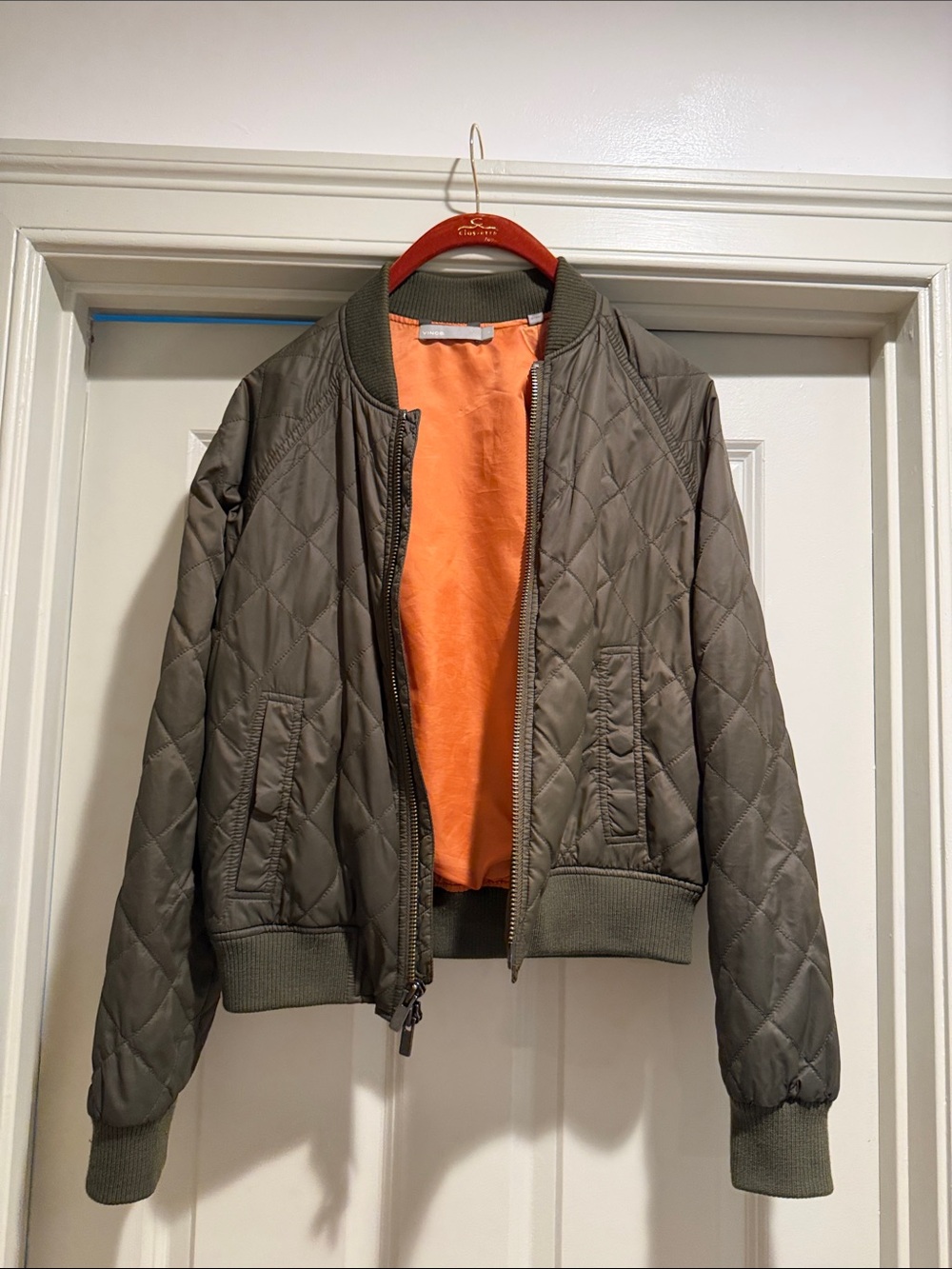 Vince Women's Quilted Bomber Jacket - Olive with Orange Lining
